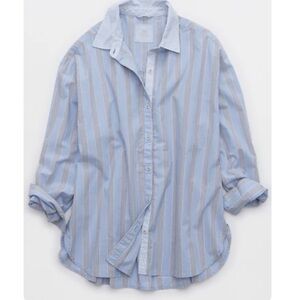 aerie Light Blue and White Vertical Stripe Button-Down Shirt